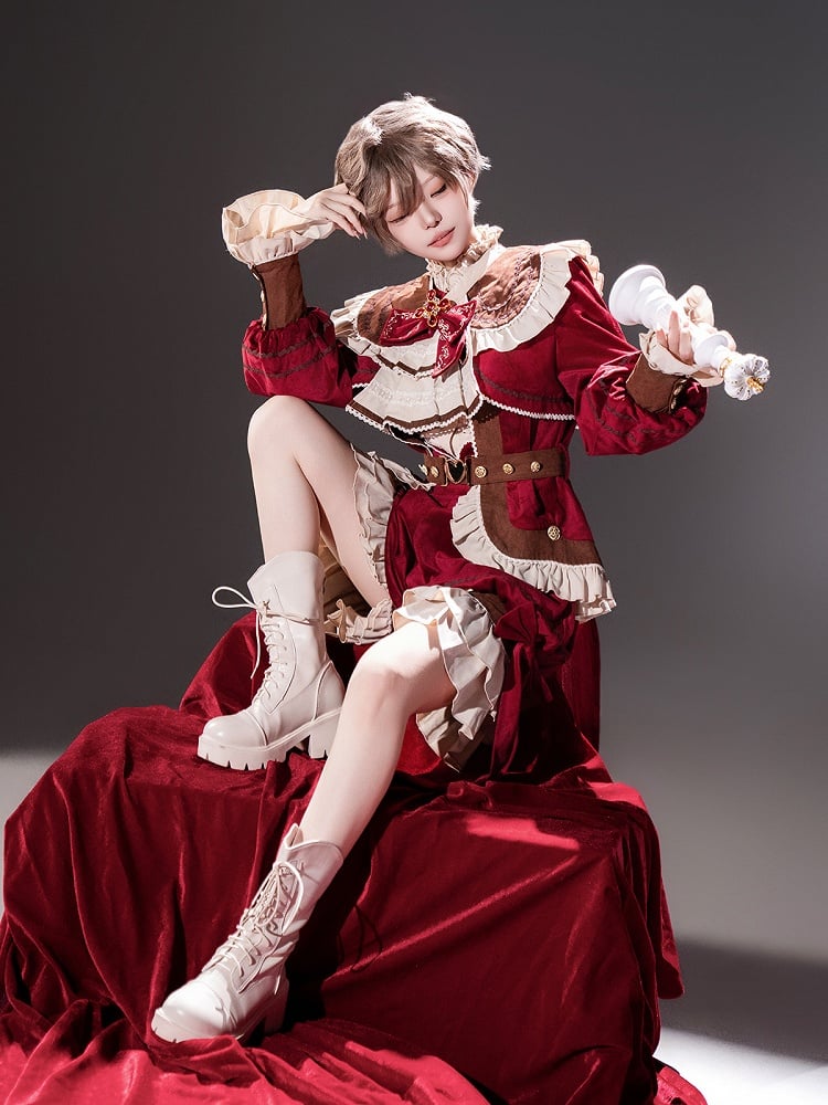 Pieces Set-Beige Ouji Aristocrat Lolita Waist Fashion Red Shirt+Coat+High Christmas Three Shorts