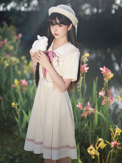 mit Faltenkasten Matrosengelb Milch Taille Kleid Rock Kragen Gürtel