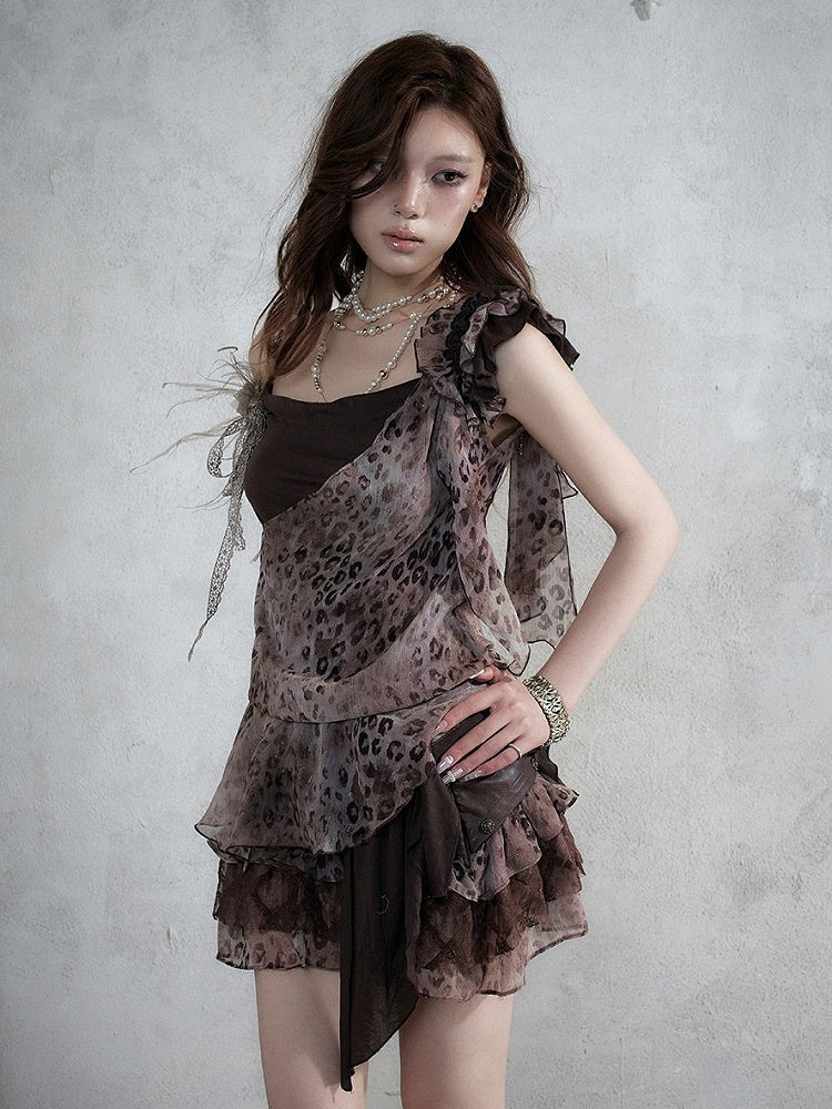 Brown Leopard Cowl-Neck Asymmetric Faux Two-Piece Dress - NO ROMANCE