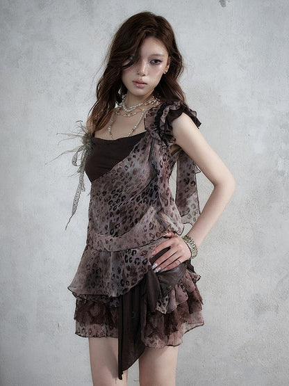 Brown Leopard Cowl-Neck Asymmetric Faux Two-Piece Dress - NO ROMANCE
