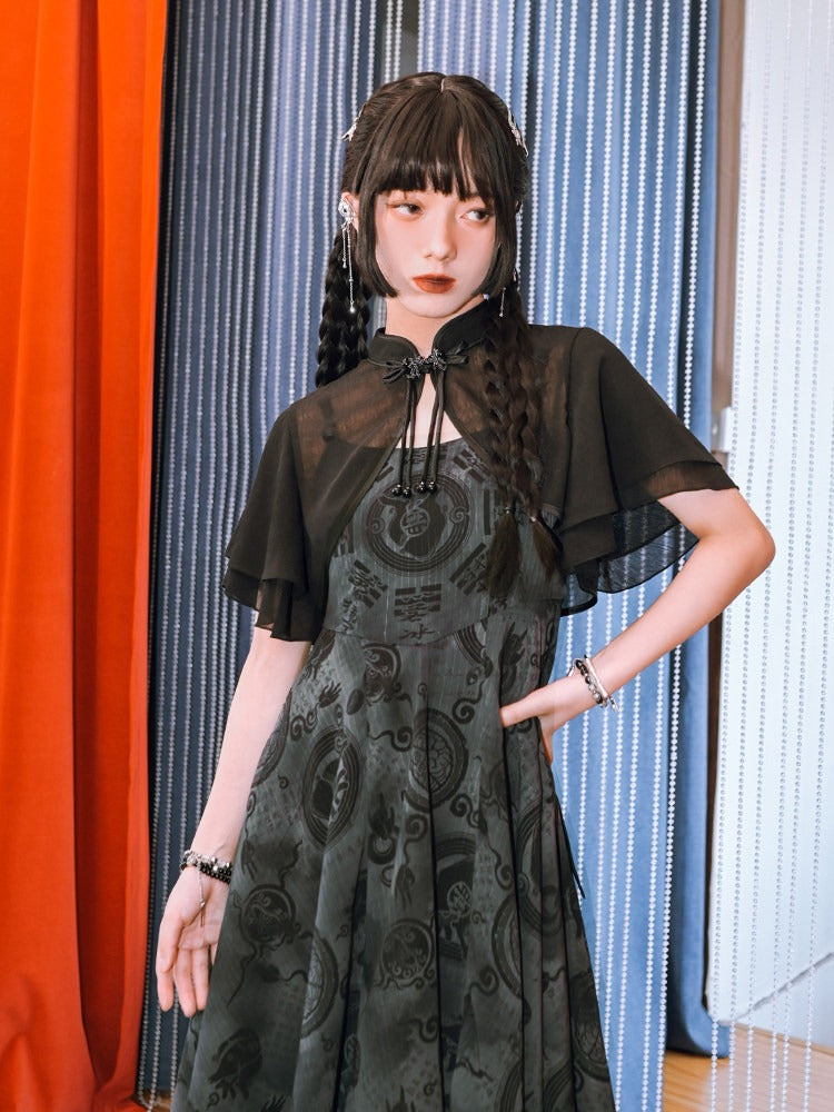 Chinese Gothic Black Cropped Top with Frog Buttons - Quirky Hut