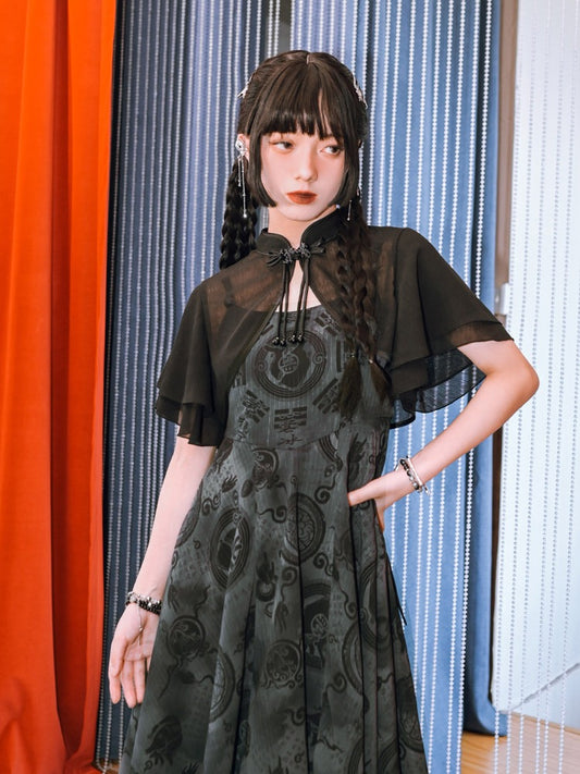 Chinese Gothic Black Cropped Top with Frog Buttons - Quirky Hut