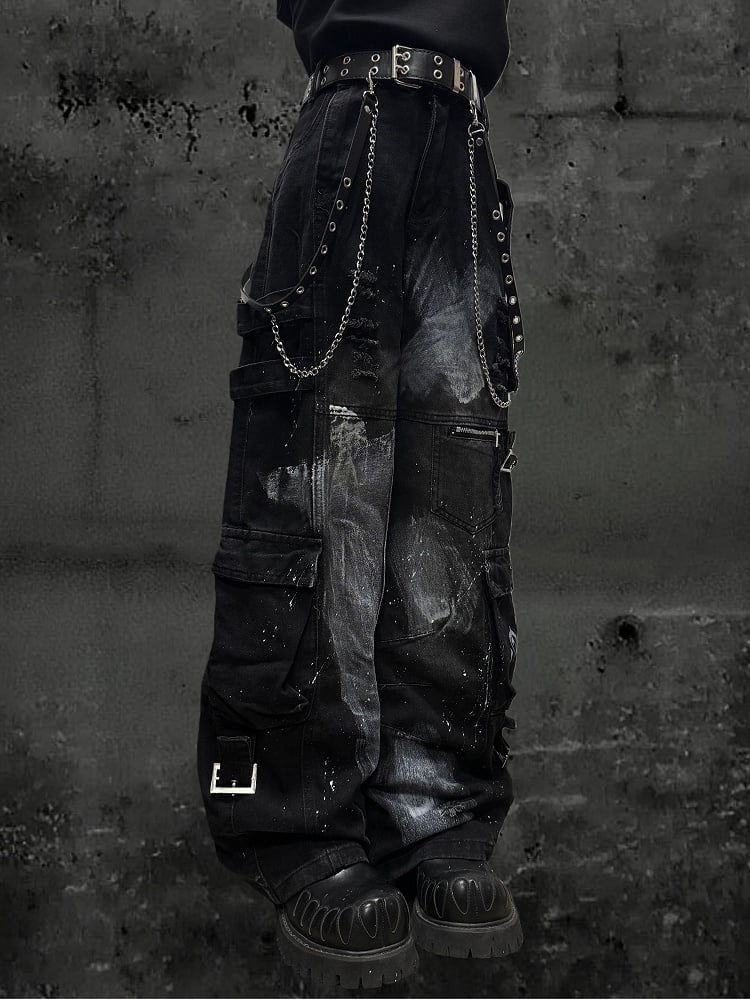 Design Cargo Black Pockets with Jeans Wide-leg Distressed