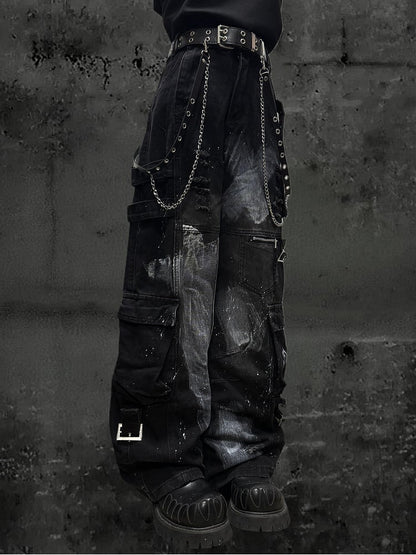 Design Cargo Black Pockets with Jeans Wide-leg Distressed