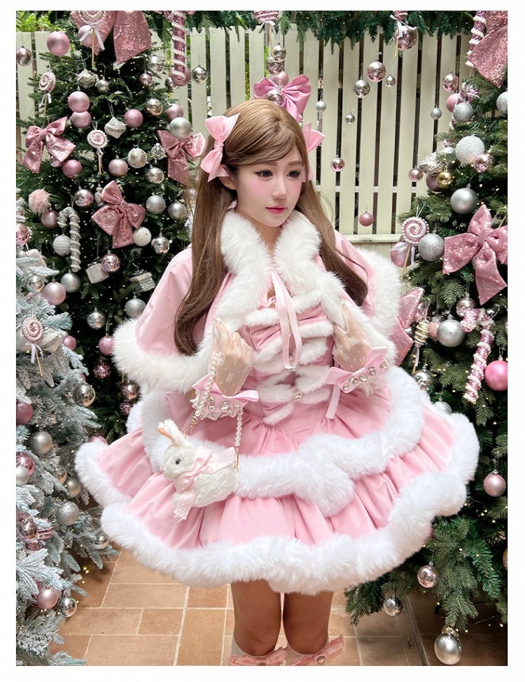 Pink Winter Snowflake Bows Accents Strapless Dress with White Plush Trimming