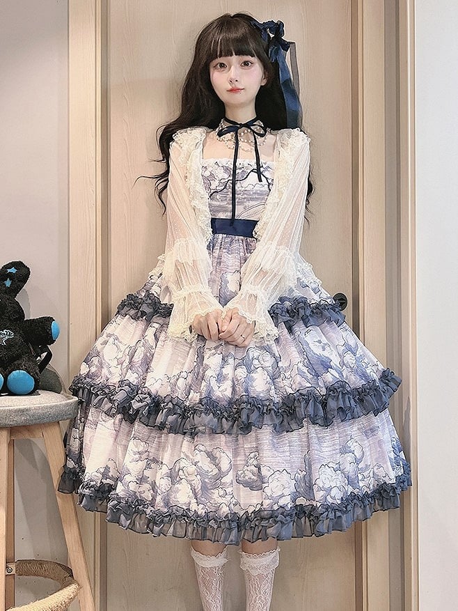 Robe Élégante Imprimé Classique Couches Nuageuses Lolita Volants Bleu Blanc