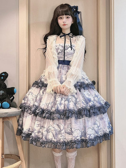Robe Élégante Imprimé Classique Couches Nuageuses Lolita Volants Bleu Blanc