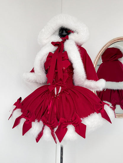 Red Christmas Bows Decorated Plush Neckline and Hemline Boning Dress + Cape Full Set