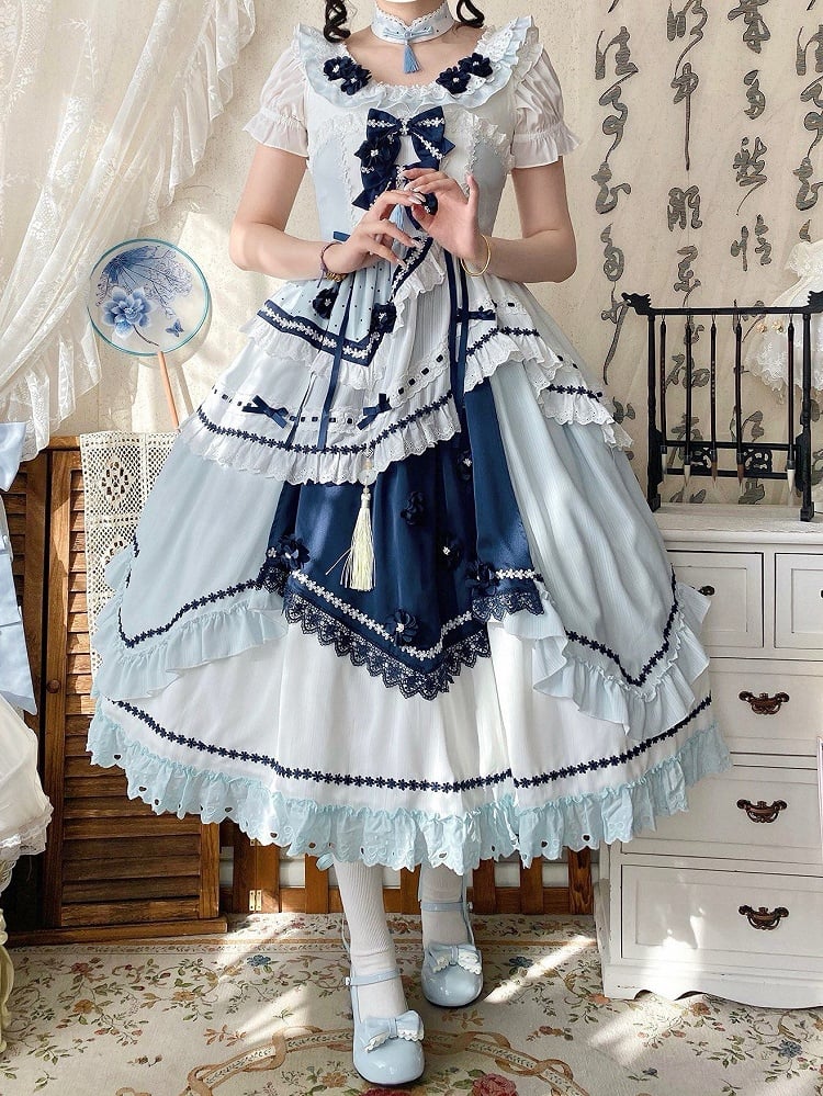 and Floral JSK Dark Lolita Sleeves Dress Embellished Flutter Blue Bow