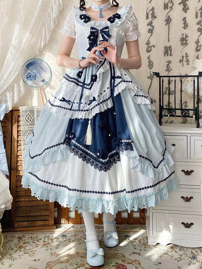 and Floral JSK Dark Lolita Sleeves Dress Embellished Flutter Blue Bow