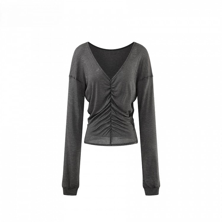 Gray Top Vintage Long Sleeve Ruched Stripped Design - V-neck
