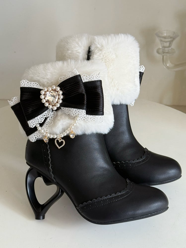Lolita Winter Sweet Heart-Shaped - Black Cuff Plush with Boots Style Heel