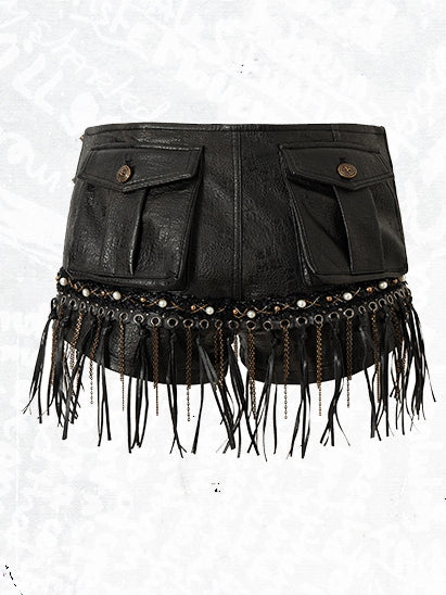 Punk Shorts Decorated Hem Beaded Black Wasteland Tassel