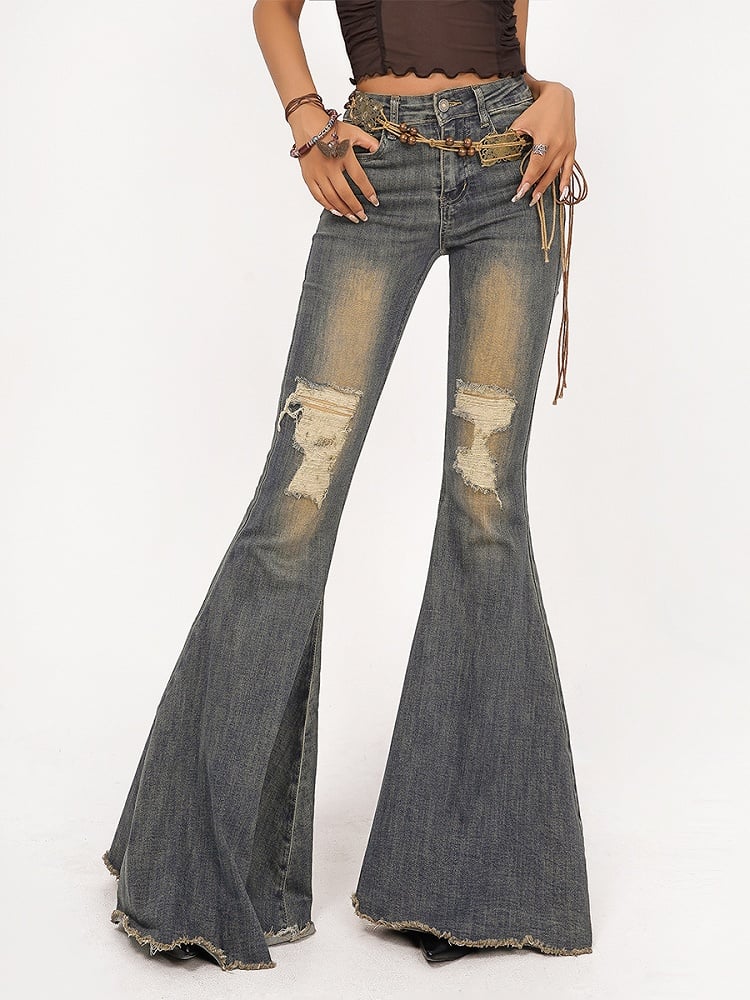 Vintage Detailing Denim Blue Distressed Jeans and Raw Flare with