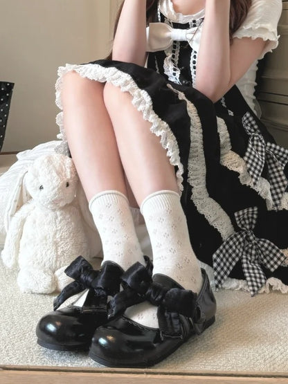 Closure Shoes Lolita PU Black Velcro Leather Bow Flat Accent Heart Sweet Strap in Decor