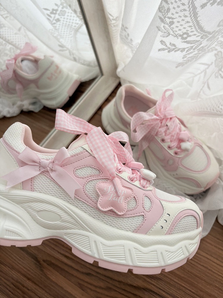 Design - Pink Lolita Platform Sneakers Lace-Up Star with Sweet Accents White Bow Plaid