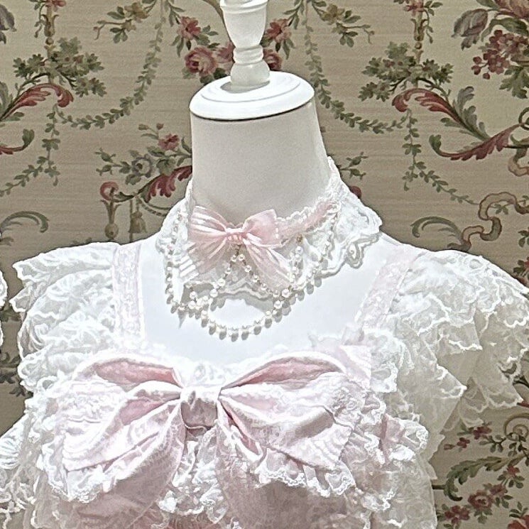 Chain Bead Choker Lace Decor With Bow Blue/Pink
