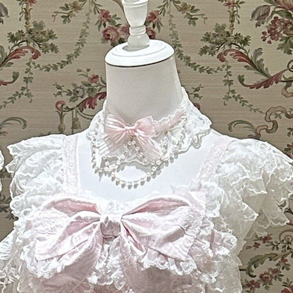 Chain Bead Choker Lace Decor With Bow Blue/Pink
