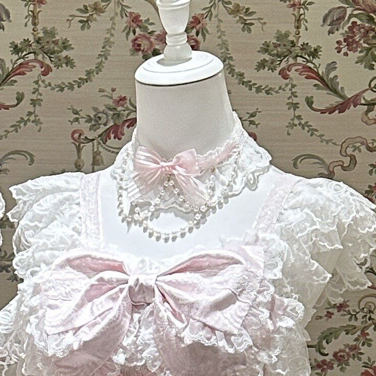 Bow Lace Choker in Blue or Pink with Beaded Chain Accent - White Sugar Girl