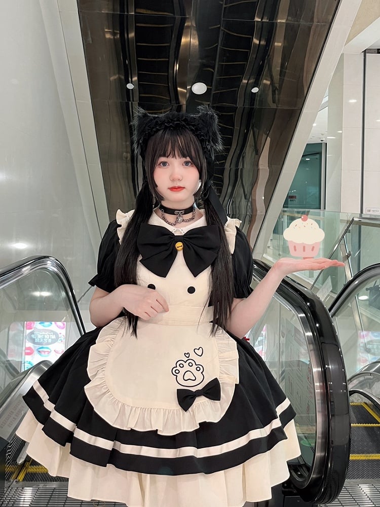 Schürze Lolita Sweet Kitty White Maid Stickerei Pfote Schwarz und Kleid