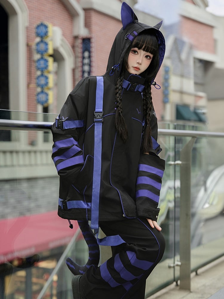 Black and Purple Techwear Buckle Straps Cat Ears Hooded Baggy Windbreaker Jacket