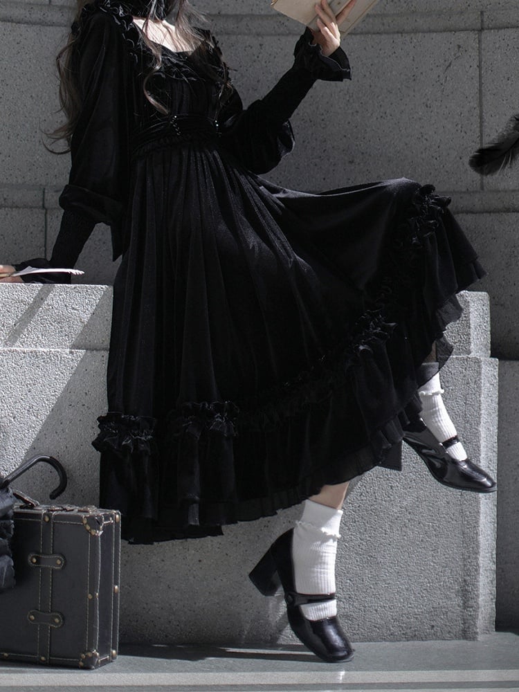 Square Dress Velvet Black Elegant Neckline