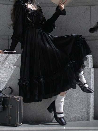 Square Dress Velvet Black Elegant Neckline