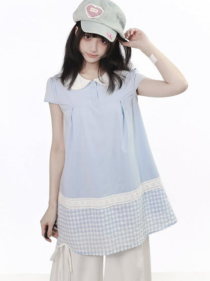 Blue Gingham Peter Pan Collar Blouse - PINK SAVIOR