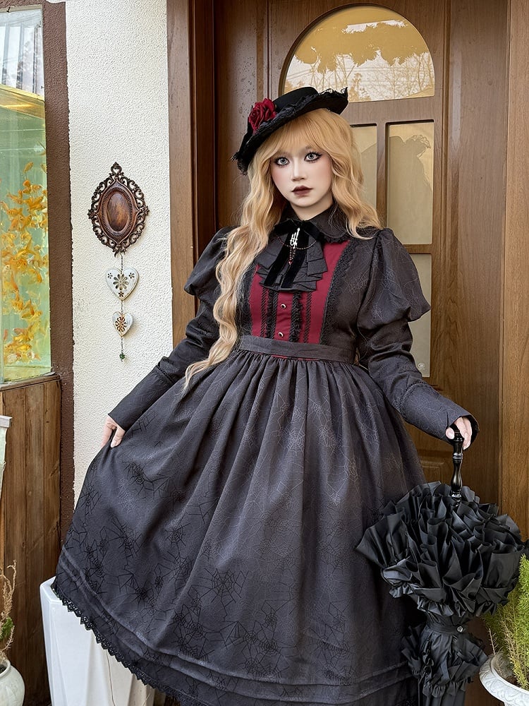 Lolita and Gothic with Lace Pattern Dress Spider Web Trim Black Juliette Sleeves