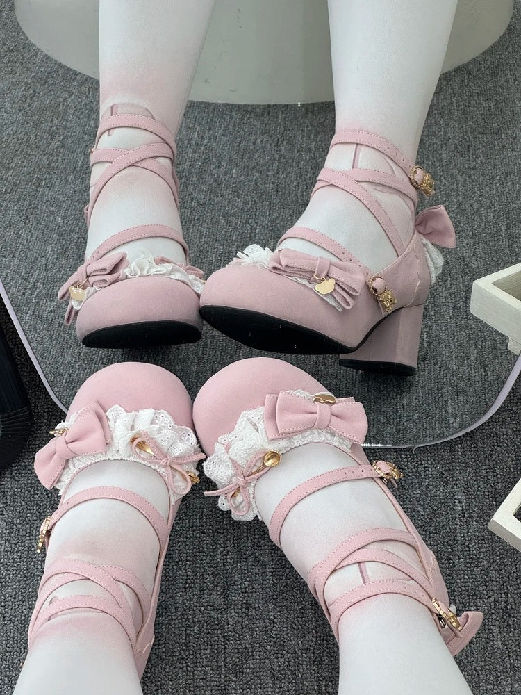 Pink Janes Bow Accents - Lolita Mary Mid-heel Sweet with Design Velvet