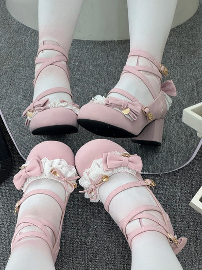 Pink Janes Bow Accents - Lolita Mary Mid-heel Sweet with Design Velvet