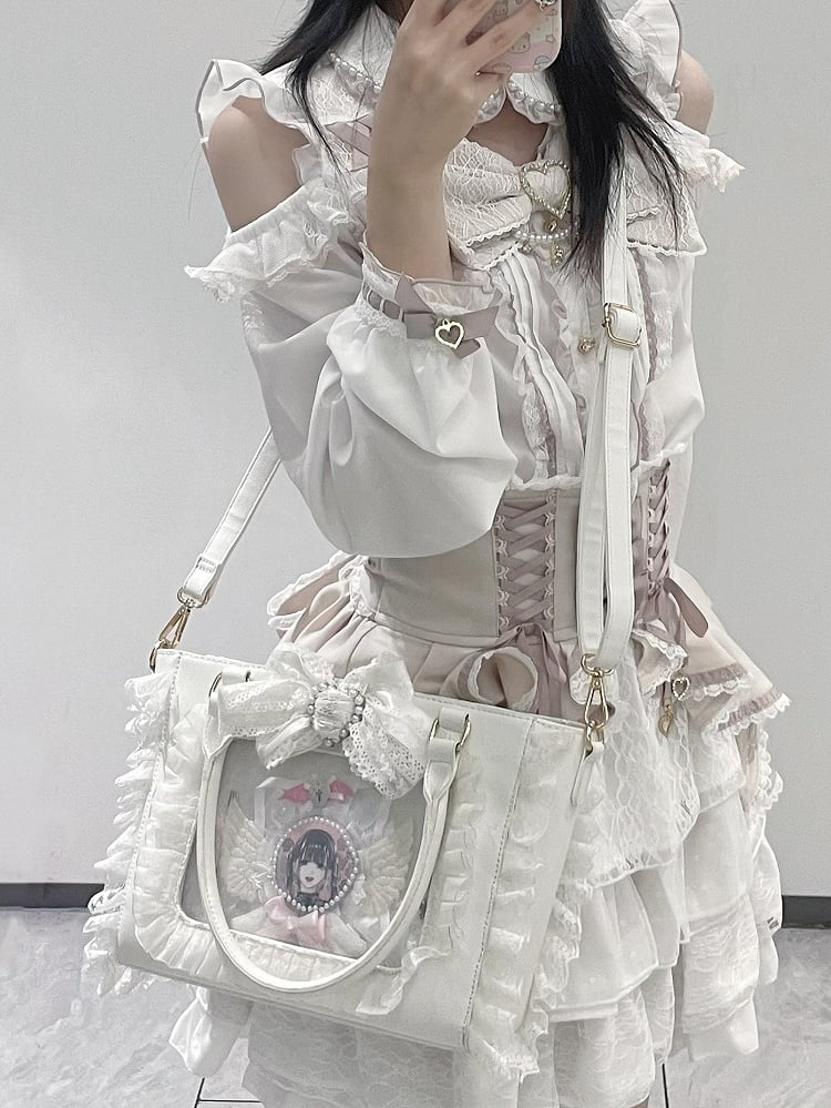 Kei Free Lace Bag Decorated Card Trim Ita with Holder Beaded Bowknot Heart Jirai White PVC