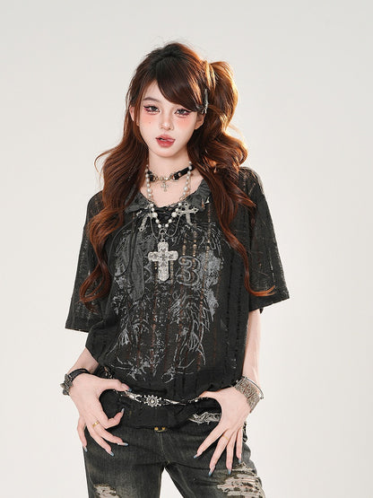 ホワイト/ブラックホール レースアップネックライン クロスアップリケ ダメージ加工