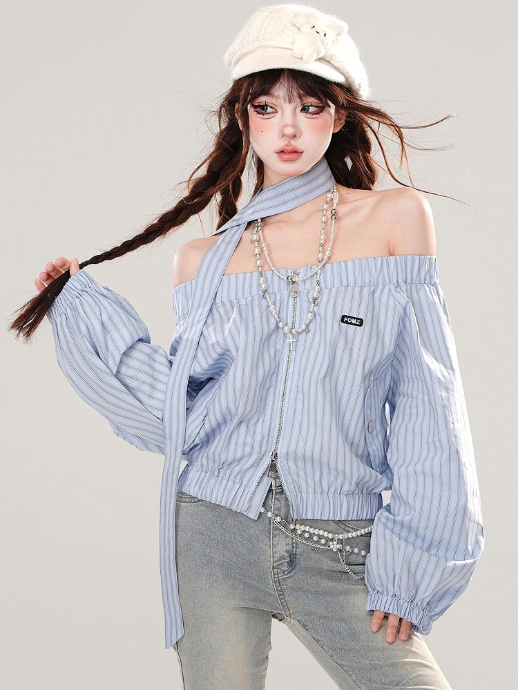 Pink/Blue Off-the-shoulder Neckline Striped Zip Closure Top with Free Scarf