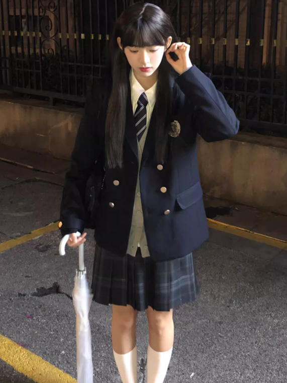 Gray Dark Plaid 45CM Pattern Pleated Uniform JK Skirt