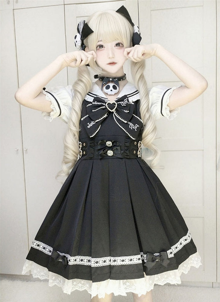 Heart Pink Sailor Collar Jirai Kei Dress Black/Light Back Bow with Self-tie Buckles