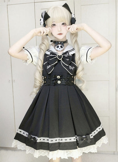 Heart Pink Sailor Collar Jirai Kei Dress Black/Light Back Bow with Self-tie Buckles
