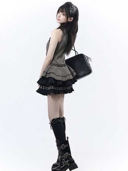 Black & Gray Striped Sleeveless Shirt with Peplum Hem - PINK SAVIOR