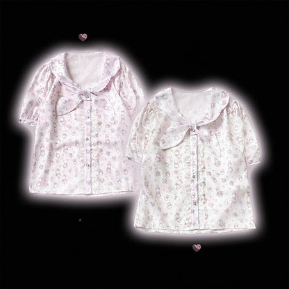 Bunny Ear Bow Collar Blouse, Short Sleeve, Pink & White Print - Kitty Bxllet