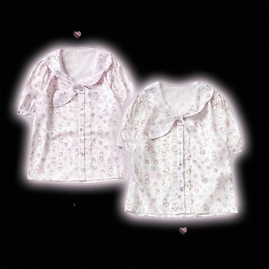 Bunny Ear Bow Collar Blouse, Short Sleeve, Pink & White Print - Kitty Bxllet