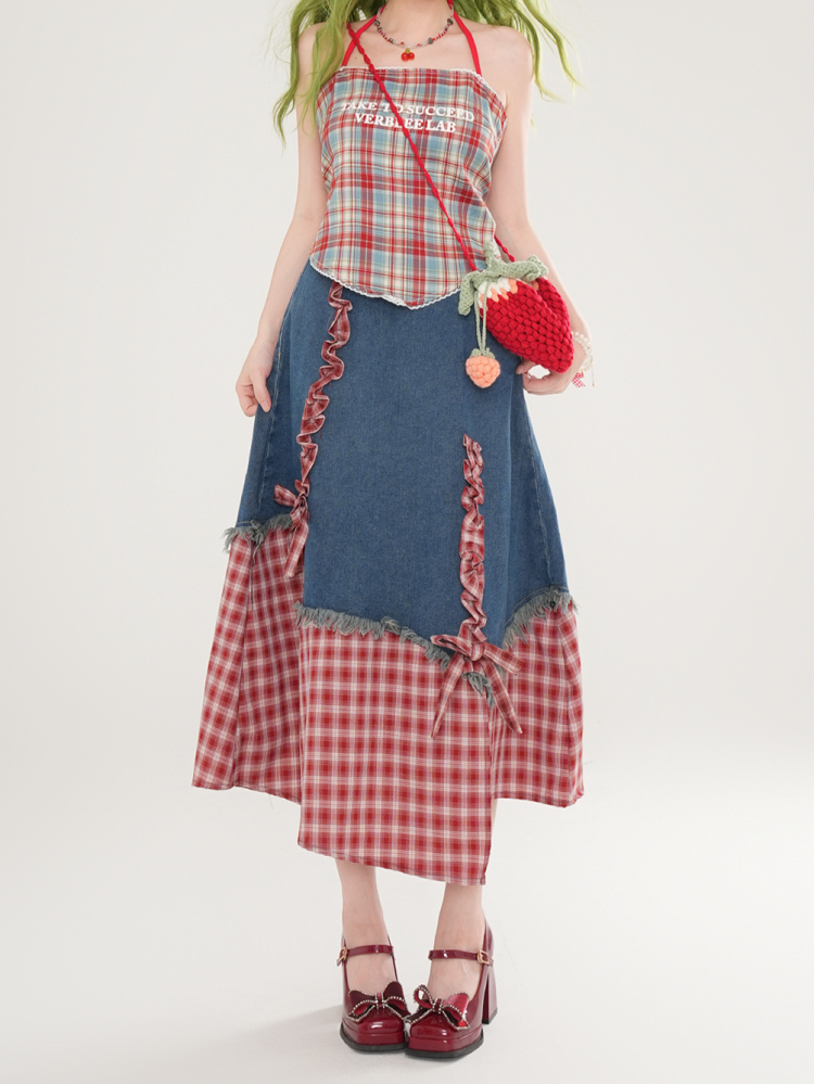 Denim Mit Patchwork Kleid Blaue Träger Rot Marine Selbstbinden Plaid Und