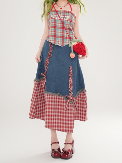 Denim Mit Patchwork Kleid Blaue Träger Rot Marine Selbstbinden Plaid Und