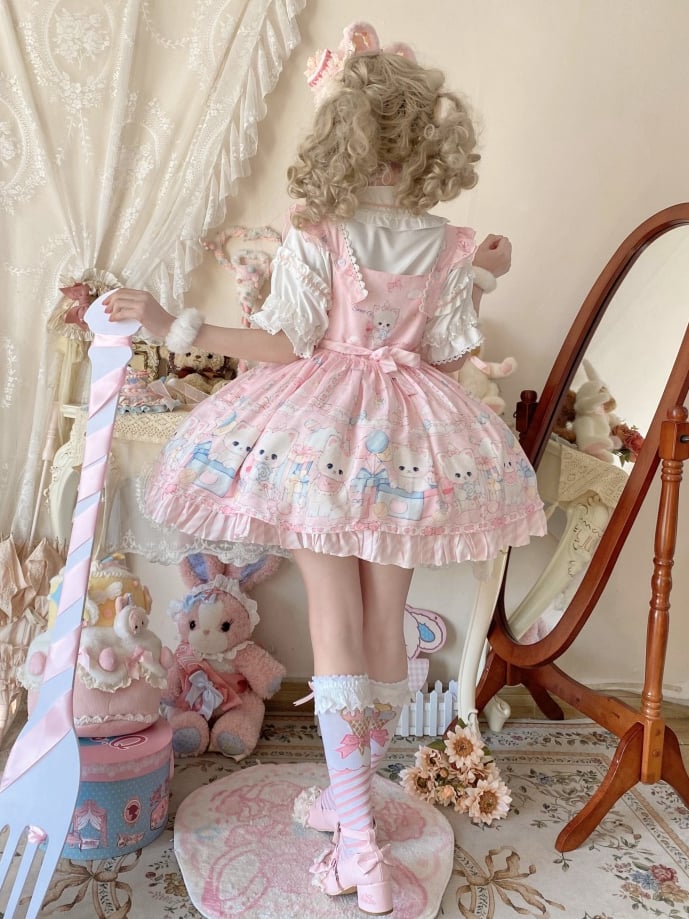 Pink Kitty and Polka Dots Pattern Sweet Lolita Overall Dress