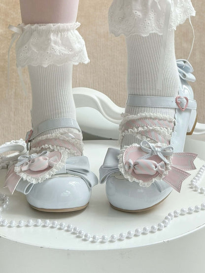 - Low Heels Pink mit Clip Style Lolita Sweet A Candy-Decorated Heart Shoe Bow Blue