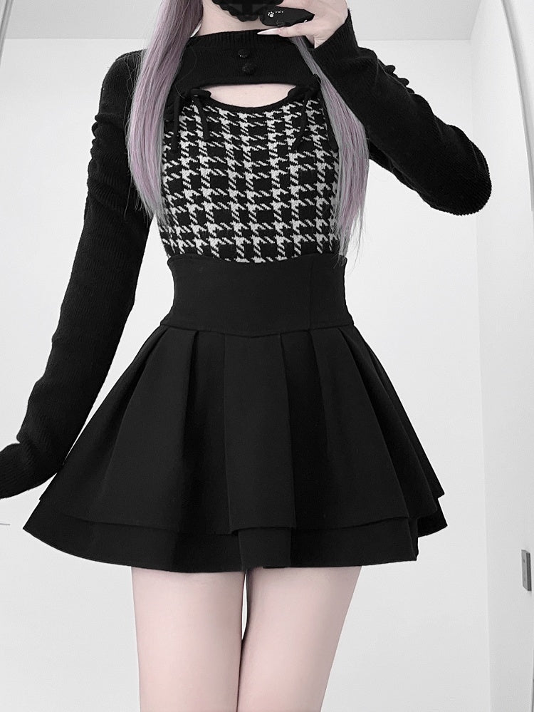 Mature Edgy Style Black Houndstooth in Sweater Open-Front | Landmine Knit