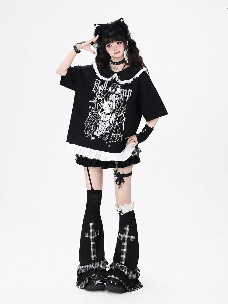 Anime Girl Print Black Peter Pan Collar Short Sleeve T-Shirt with Ruffle Hem - CRAZY GIRL