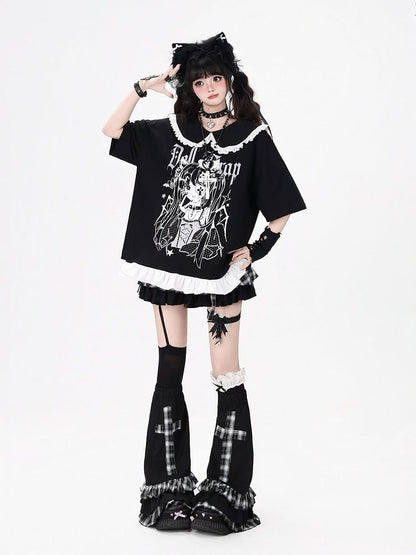 Anime Girl Print Black Peter Pan Collar Short Sleeve T-Shirt with Ruffle Hem - CRAZY GIRL