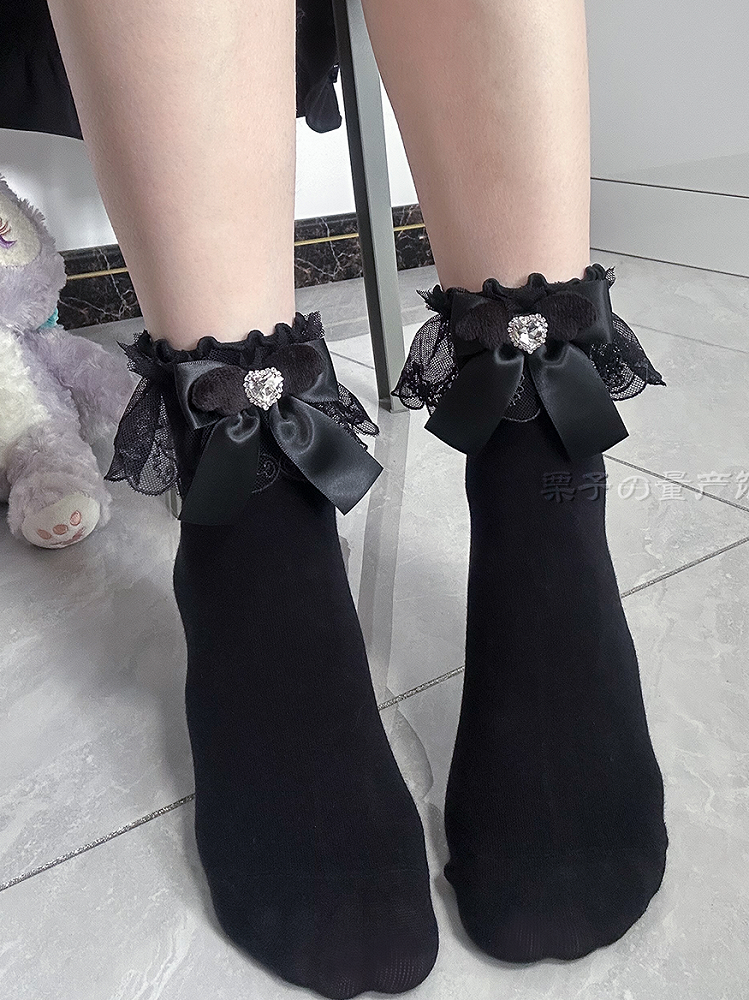 Kei Decoration Jirai Wing-Inspired with Ruffled Bow Socks Colors Rhinestone 4
