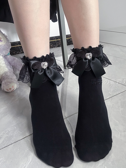Kei Decoration Jirai Wing-Inspired with Ruffled Bow Socks Colors Rhinestone 4
