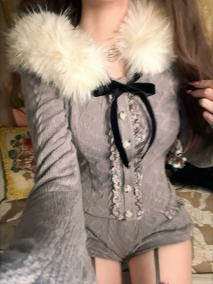 Pocket Lace-Trimmed Black With Gray Shorts Detail Bow Fleece Knit